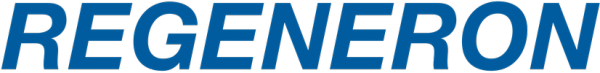 Regeneron logo in blue capital letters with stylized font.