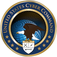 Seal of the United States Cyber Command featuring an eagle clutching a shield with crossed lightning bolts and a globe in the background.