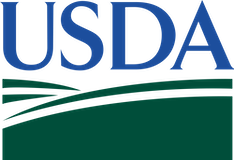 USDA logo with blue letters above green curved lines.