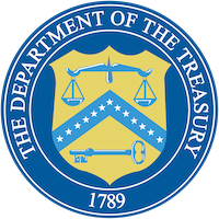 Seal of the U.S. Department of the Treasury featuring a key, scales of justice, and 13 stars in a shield with the year 1789.