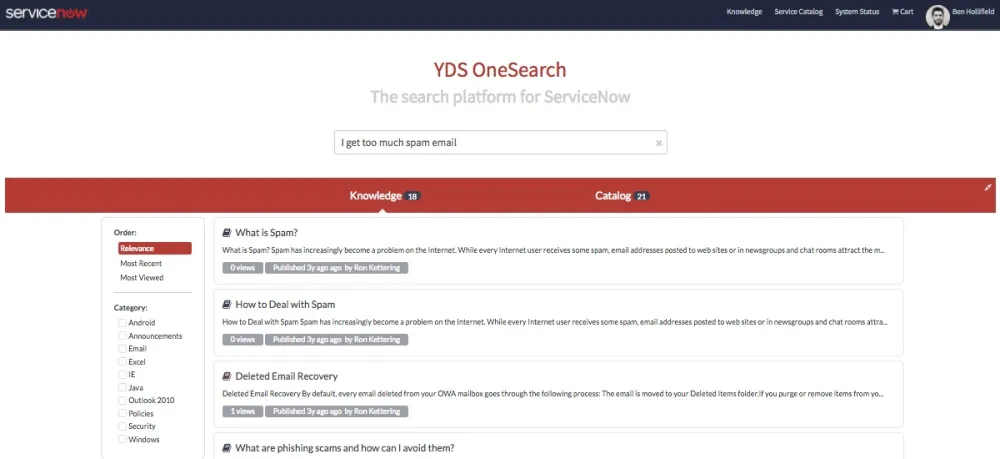 Screenshot of YDS OneSearch on ServiceNow showing a search for spam email with results including articles on spam, dealing with spam, and deleted email recovery.