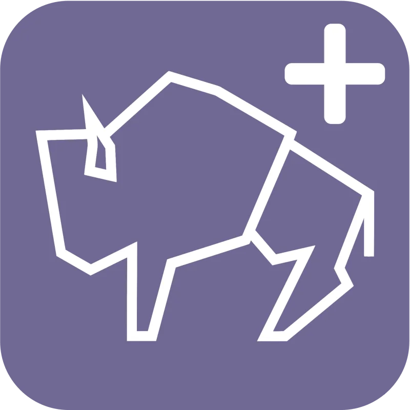 White geometric bison icon with a plus sign on a rounded purple square background.