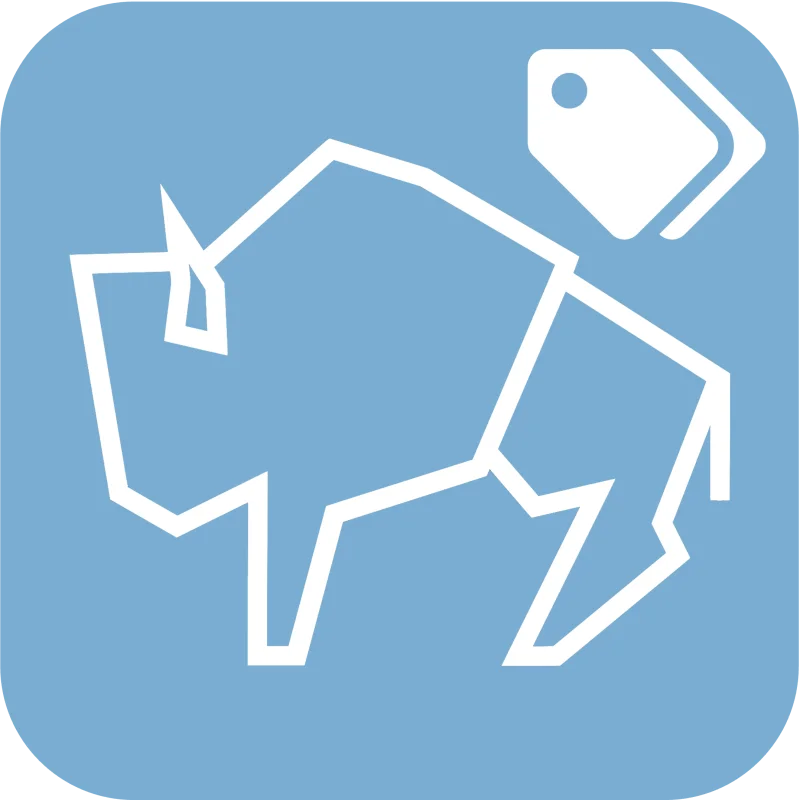 White geometric outline of a buffalo with a price tag icon on a blue rounded square background.