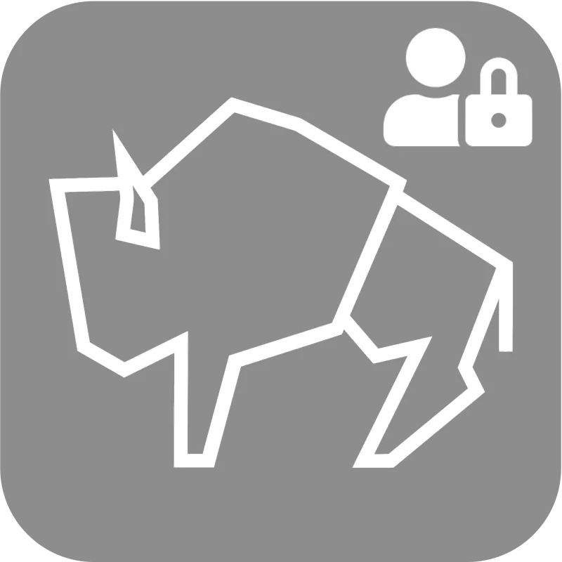Abstract white geometric buffalo with a user icon and lock symbol in the top right corner on a gray rounded square background.