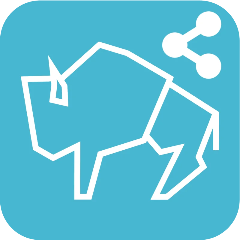 White geometric bison icon with a share symbol in the top right corner on a blue rounded square background.