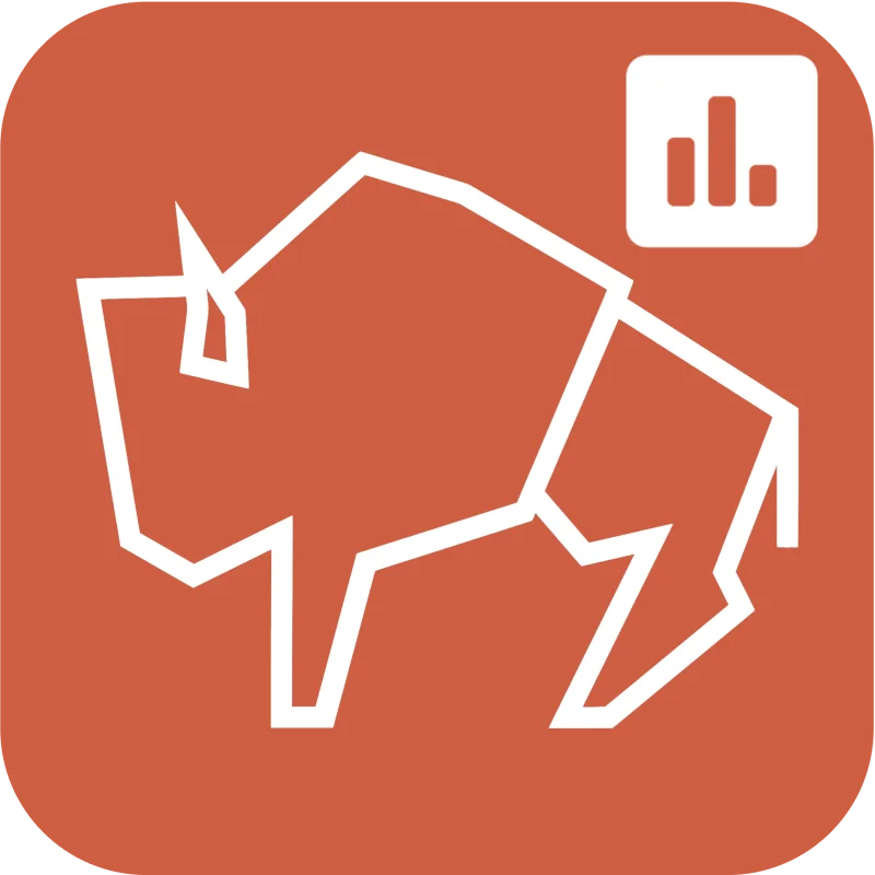 Abstract white line drawing of a bison on a rust-orange background with a small bar chart icon in the top right corner.