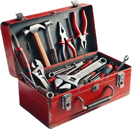Opened red metal toolbox filled with various hand tools including hammer, pliers, screwdrivers, and wrenches.
