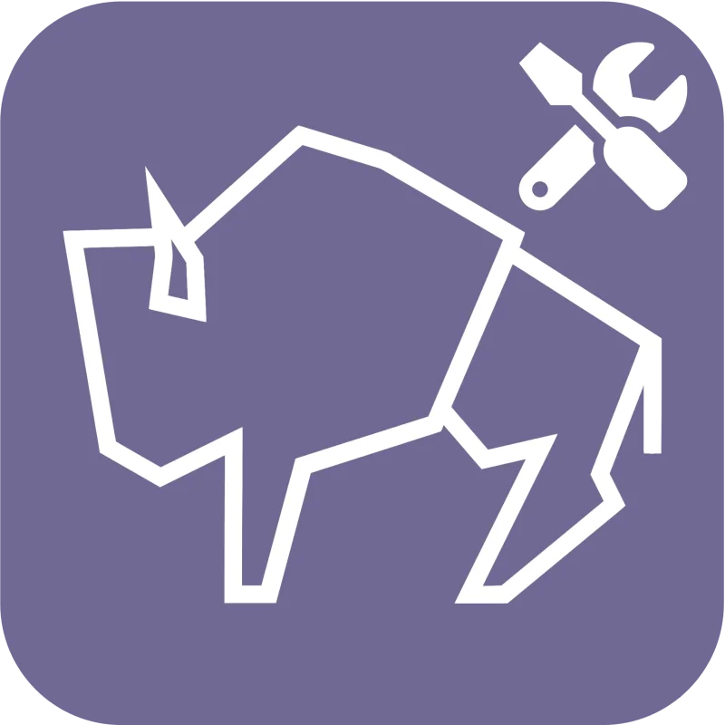 Stylized white outline of a buffalo on a purple rounded square background with a screwdriver and wrench icon in the top right corner.